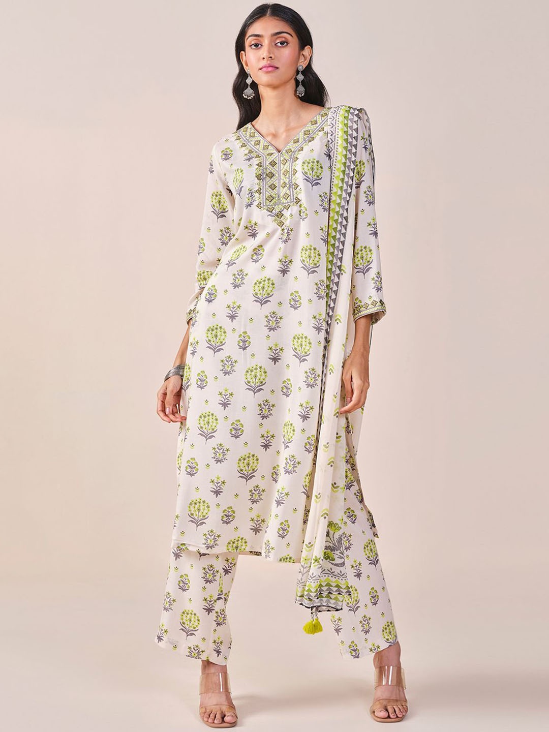 

Global Desi Floral Printed Regular Kurta with Palazzos & With Dupatta, Off white