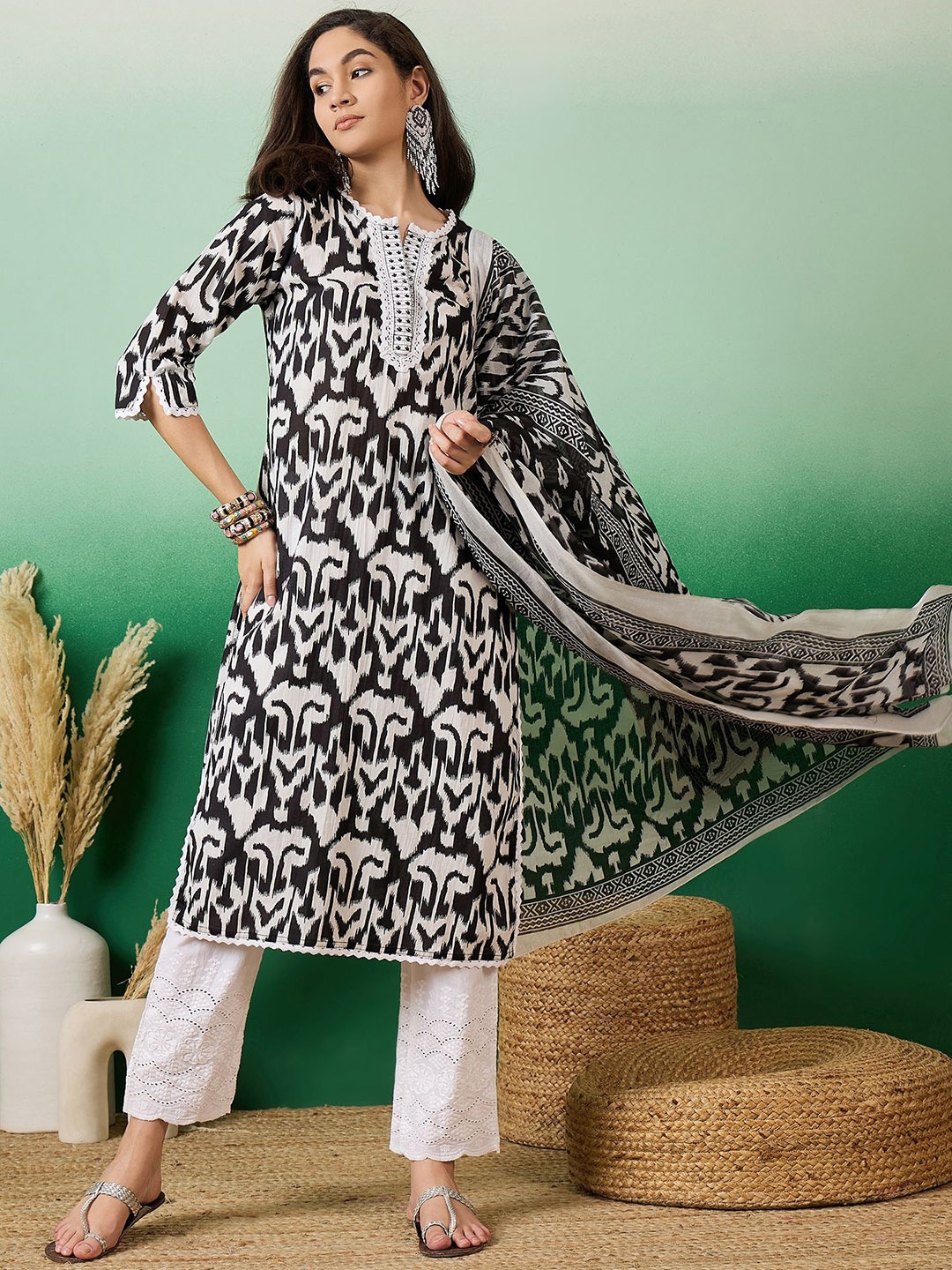 

Sangria Notch Neck Printed Pure Cotton Kurta With Trousers & Dupatta, Black