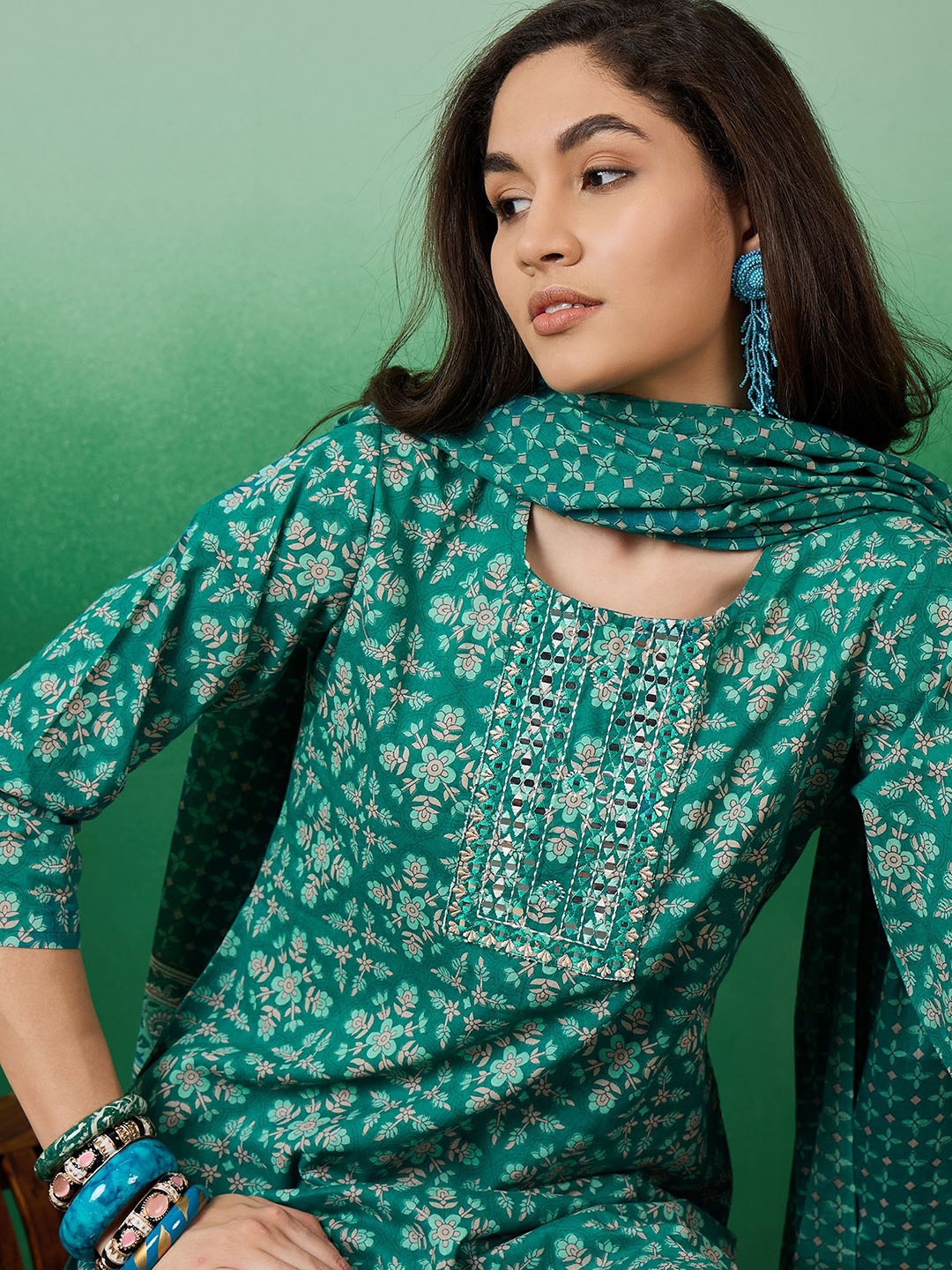

Sangria Printed Pure Cotton Straight Kurta With Trousers & Dupatta, Sea green