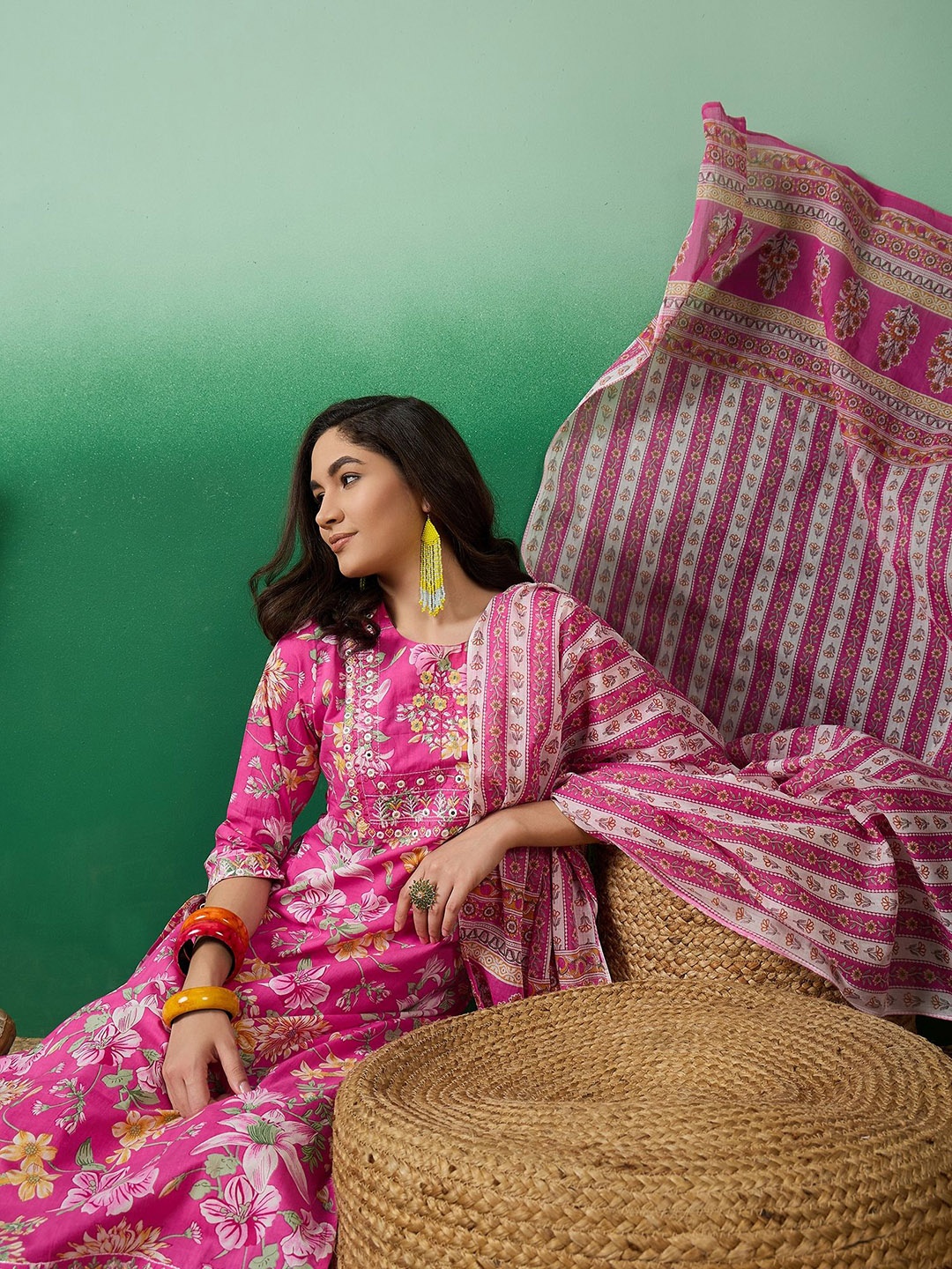 

Sangria Printed Pure Cotton Straight Kurta With Trousers & Dupatta, Pink