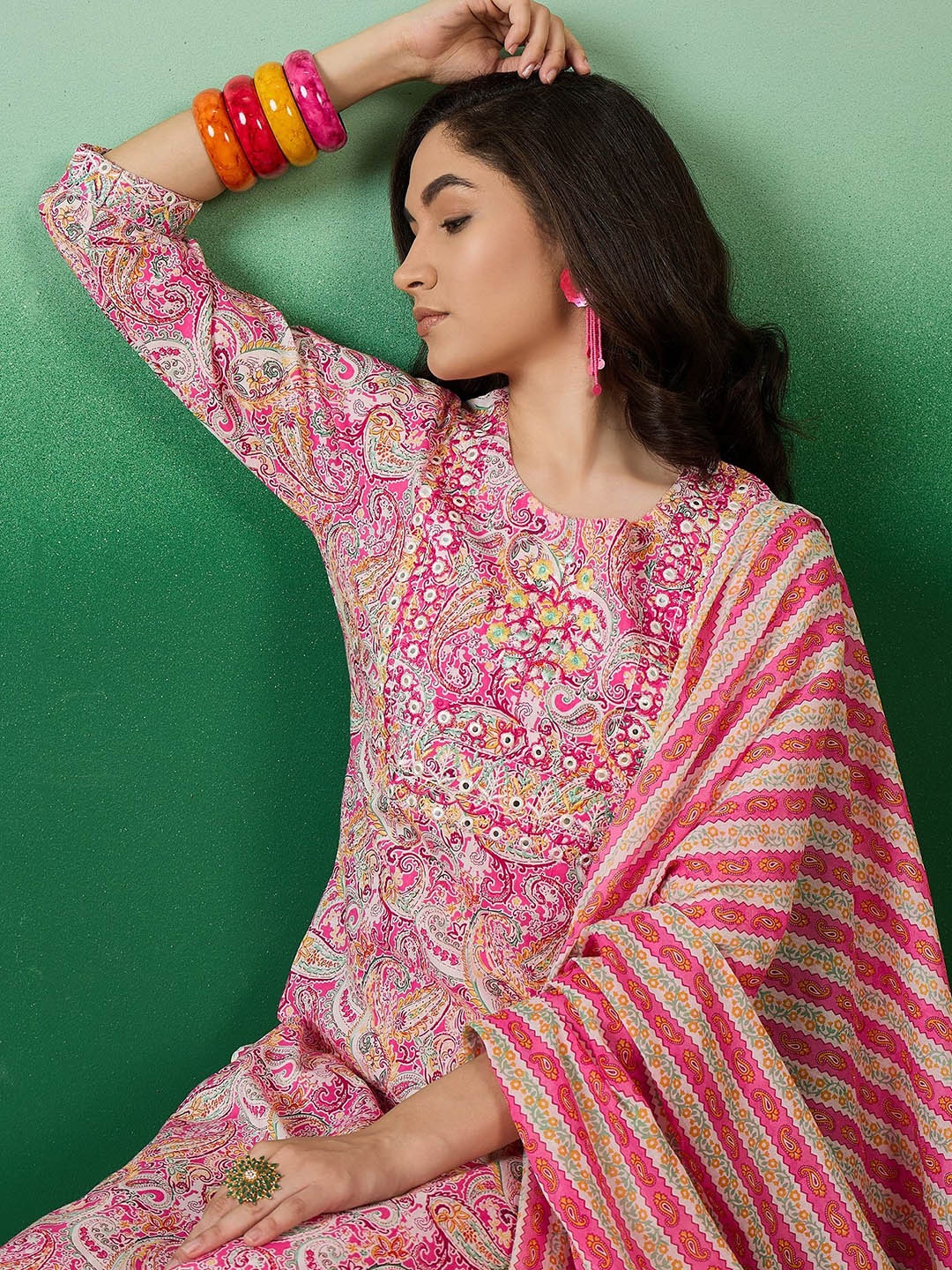 

Sangria Printed & Embroidered Pure Cotton Straight Kurta With Trouser & Dupatta Set, Pink