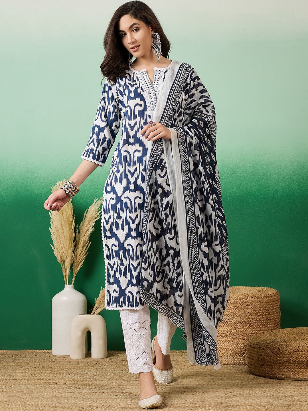 

Sangria Printed Pure Cotton Straight Kurta With Trousers & Dupatta, Navy blue