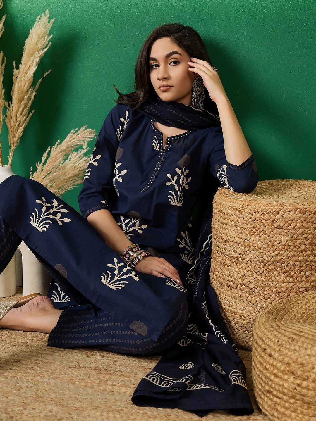 

Sangria Notch Neck Printed Pure Cotton Kurta With Trousers & Dupatta, Navy blue