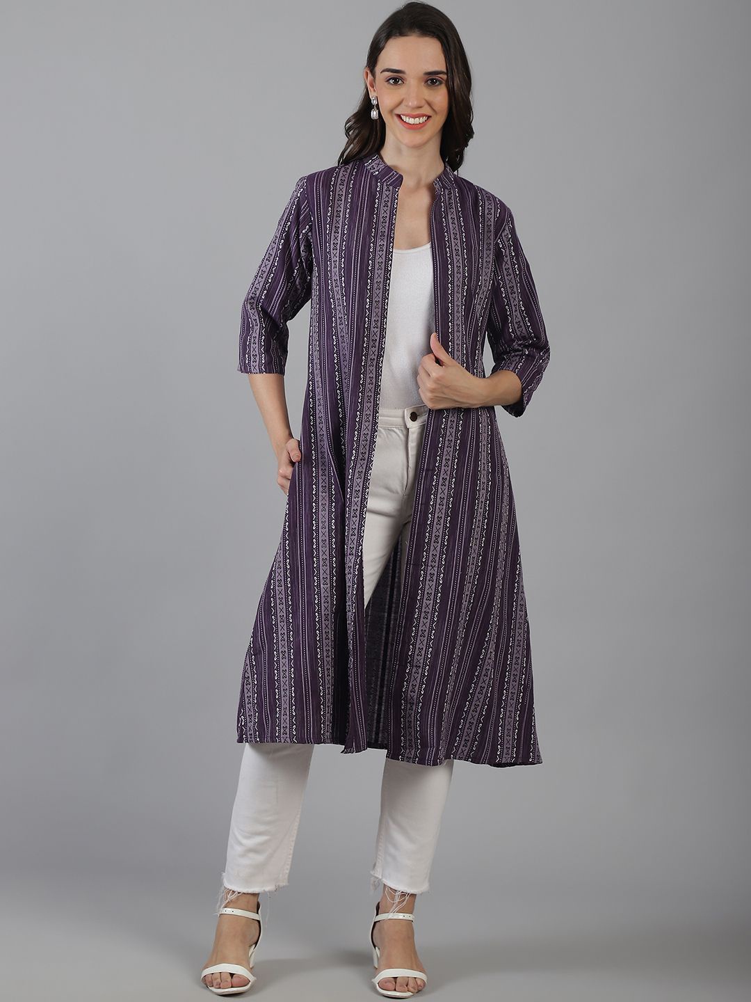 

Enchanted Drapes Printed Mandarin Collar Open Front Pure Cotton Longline Shrug, Purple