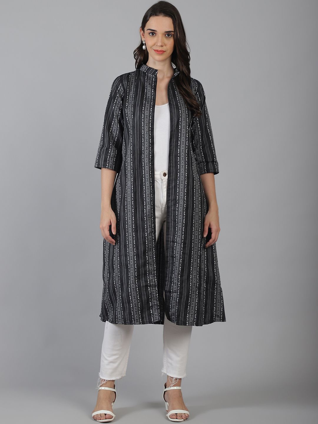 

Enchanted Drapes Printed Mandarin Collar Open Front Pure Cotton Longline Shrug, Black