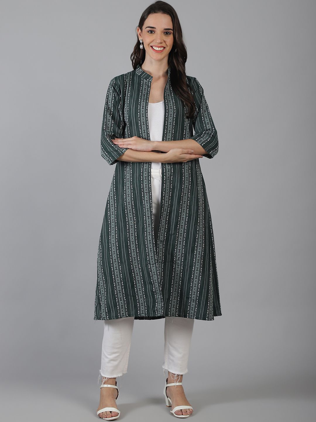 

Enchanted Drapes Printed Mandarin Collar Open Front Pure Cotton Longline Shrug, Green