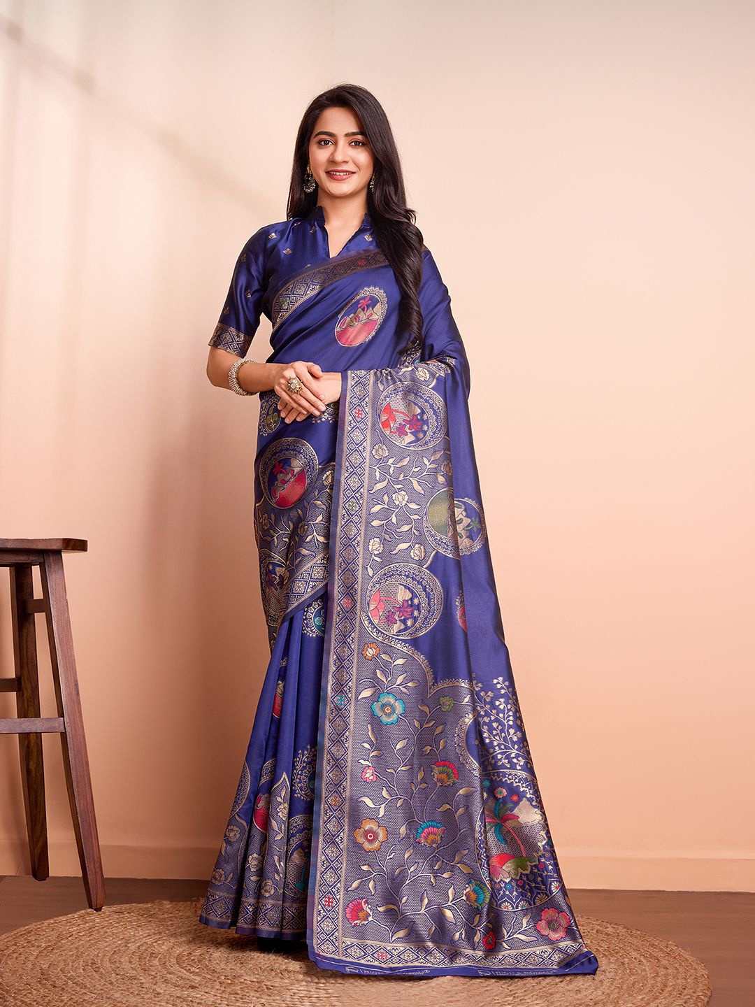 

RICH & ROMAN Ethnic Motifs Woven Design Zari Pure Silk Banarasi Saree, Blue