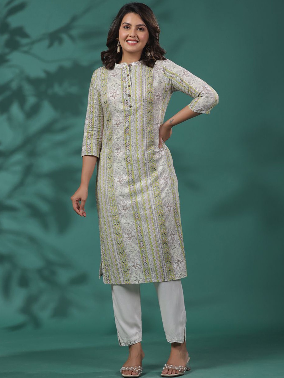 

Sangria Band Collar Printed Cotton Straight Kurta, White