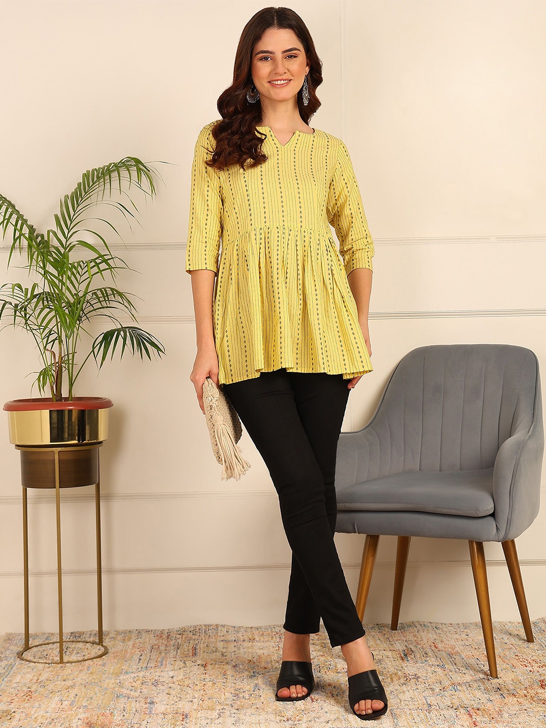 

HIVA TRENDZ Three-Quarter Sleeves Striped Tunic, Yellow