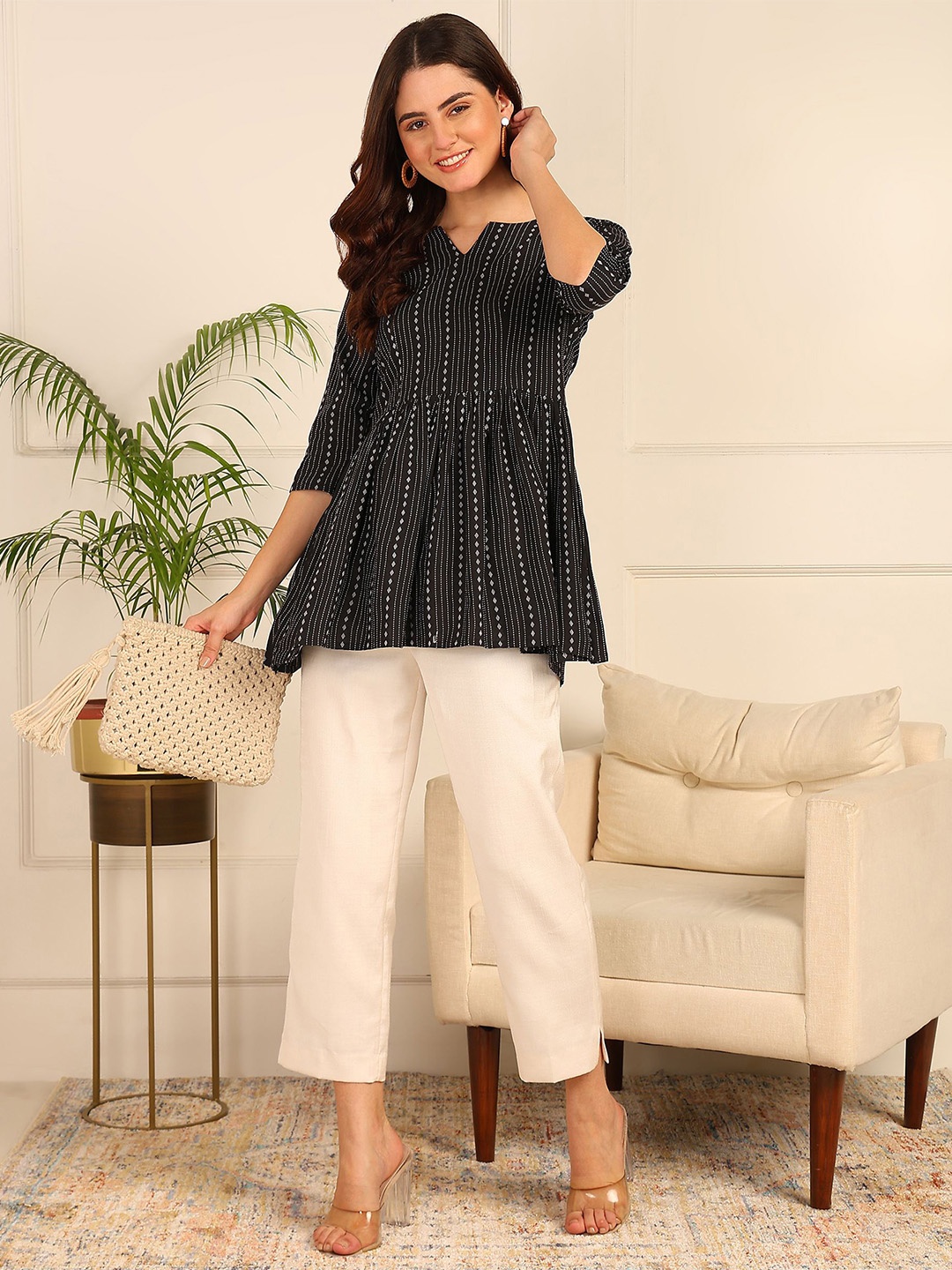 

HIVA TRENDZ Striped Printed Tunic, Black