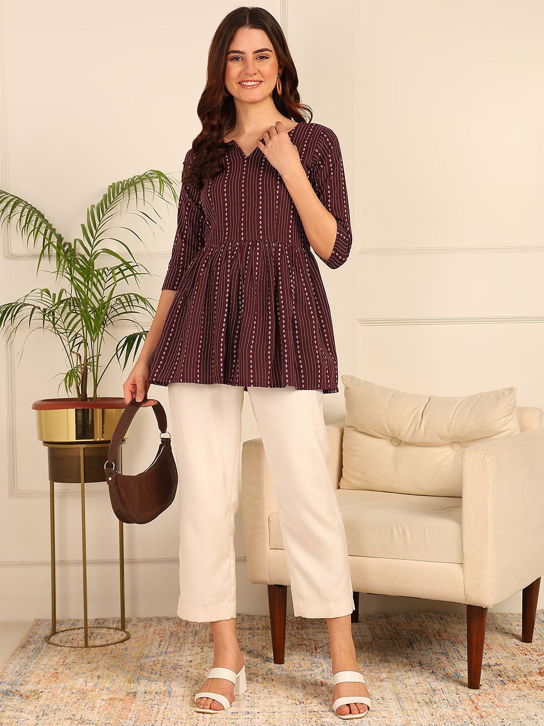 

HIVA TRENDZ Striped Printed Tunic, Maroon