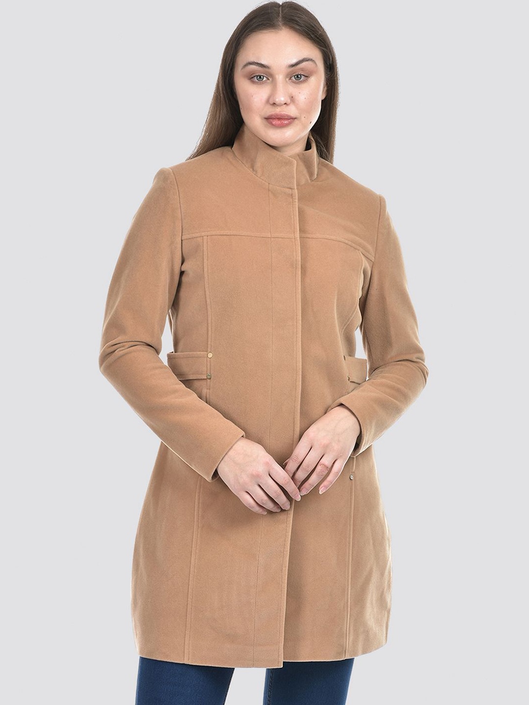 

Numero Uno Womens Solid Beige Single- Breasted Over Coat