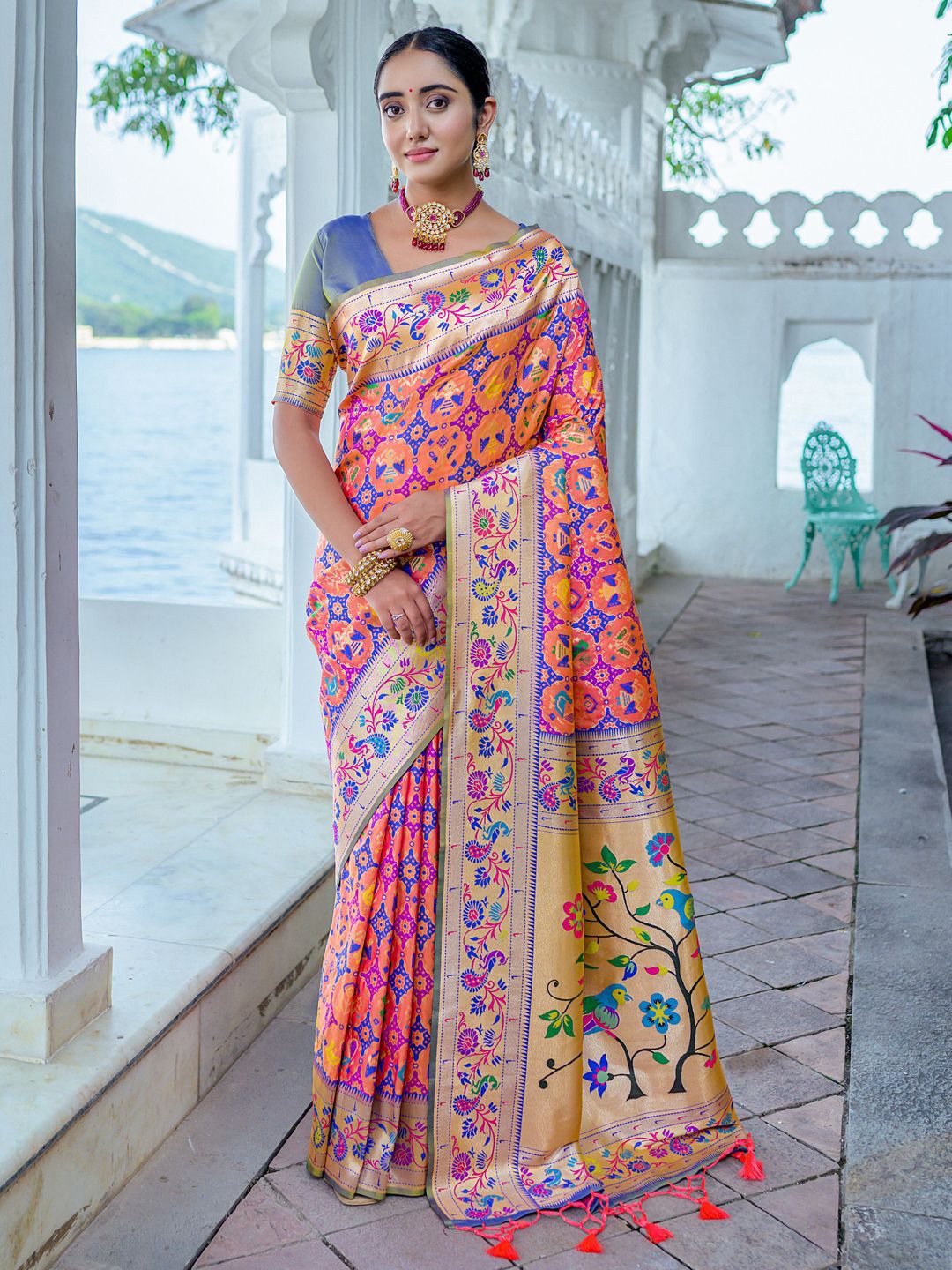 

Mitera Ethnic Motifs Zari Paithani Saree, Orange