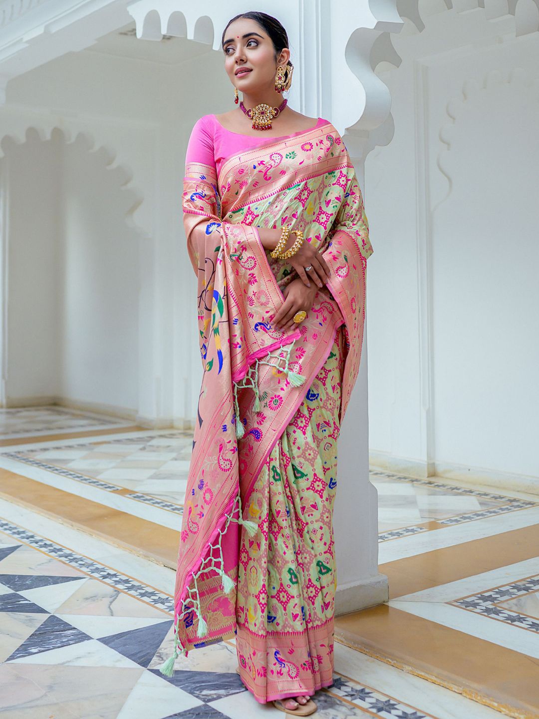 

Mitera Ethnic Motifs Woven Design Zari Paithani Saree, Olive