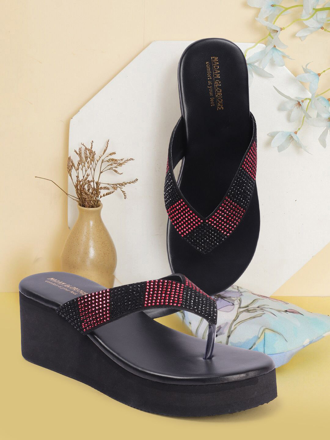 

madam glorious Embellished Open Toe Wedge Heels, Pink
