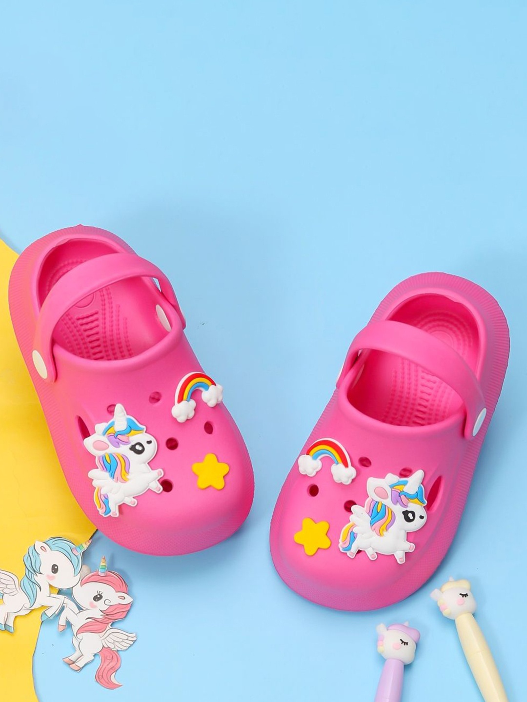 

Yellow Bee Girls Unicorn and Rainbow Motif Self Design Clogs, Fuchsia