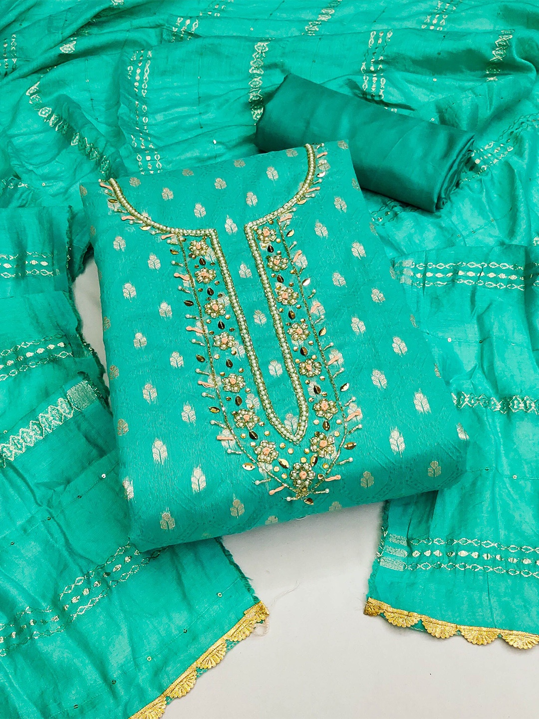 

KALINI Floral Woven Design Beads and Stones Unstitched Dress Material, Turquoise blue