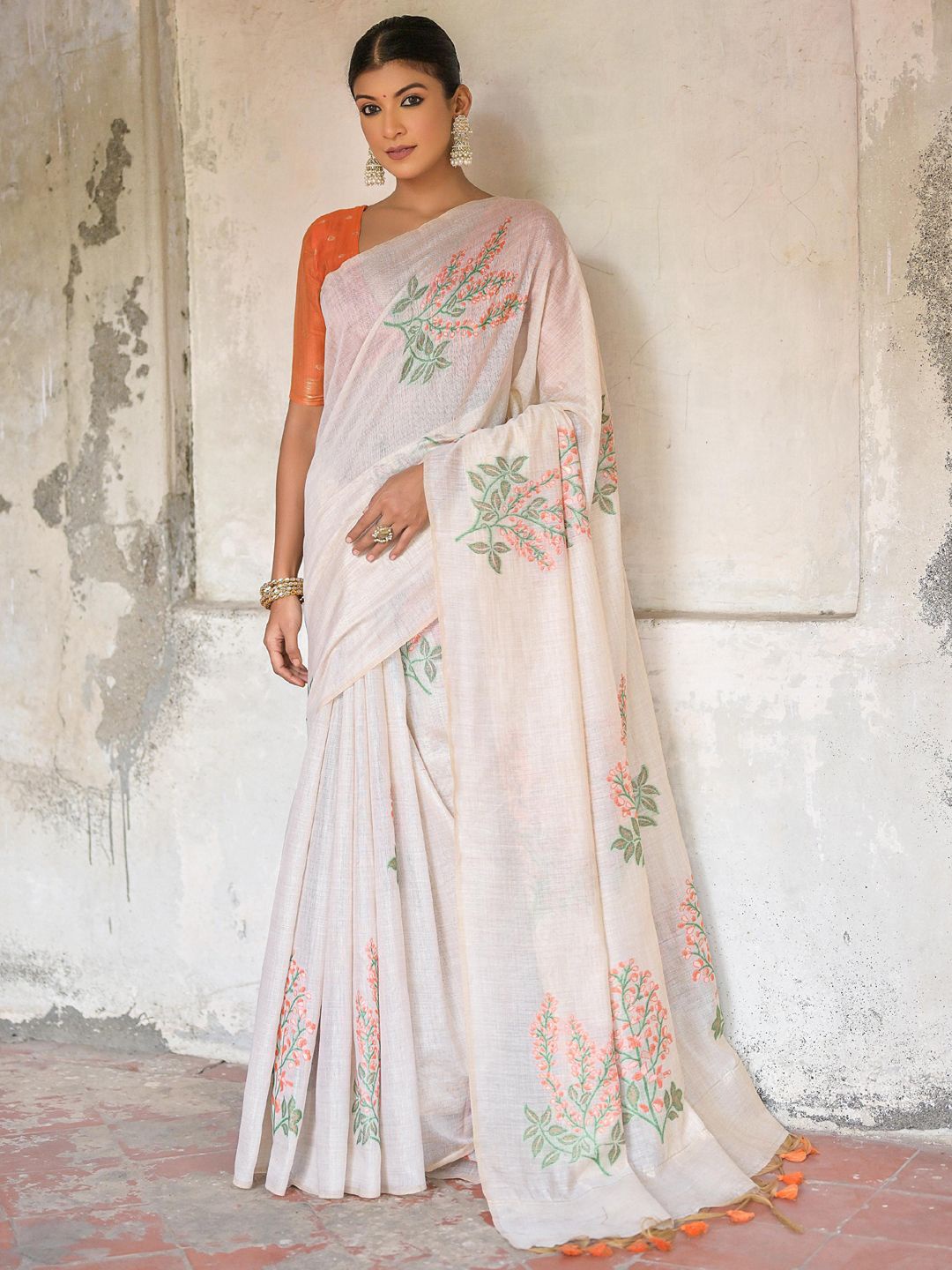 

Mitera Embroidered Floral Muga Saree, Orange
