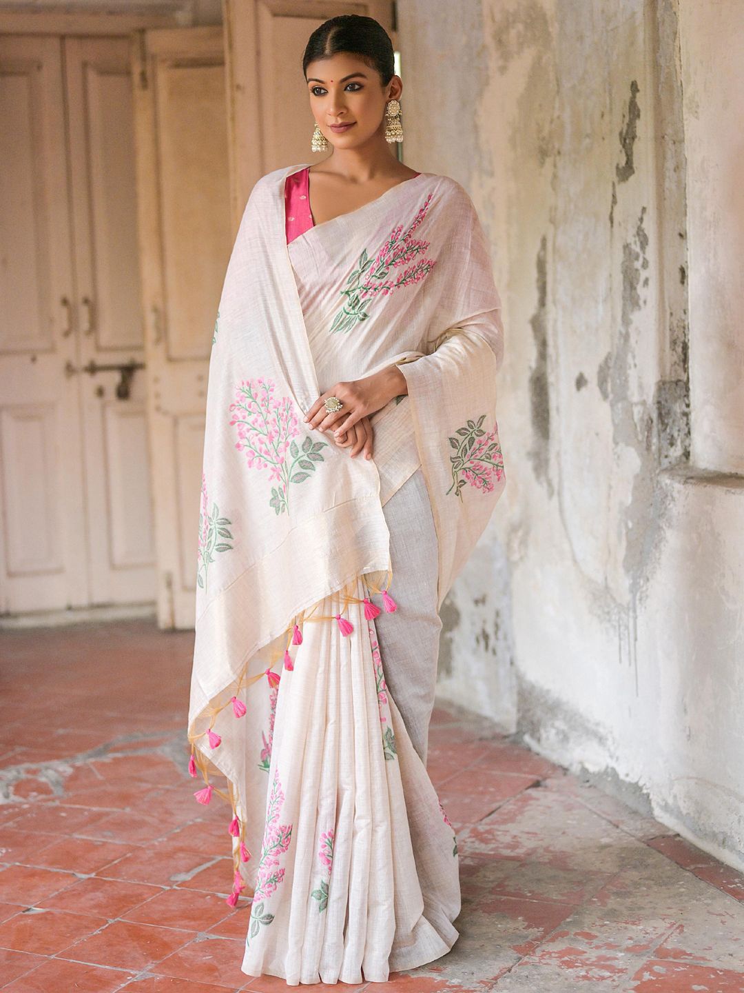 

Mitera Embroidered Floral Muga Saree, Pink