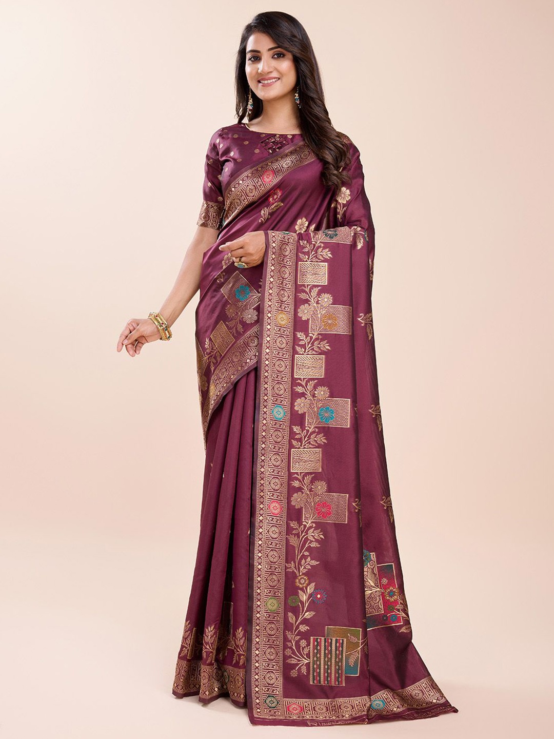 

RICH & ROMAN Ethnic Motifs Zari Pure Silk Banarasi Saree, Burgundy