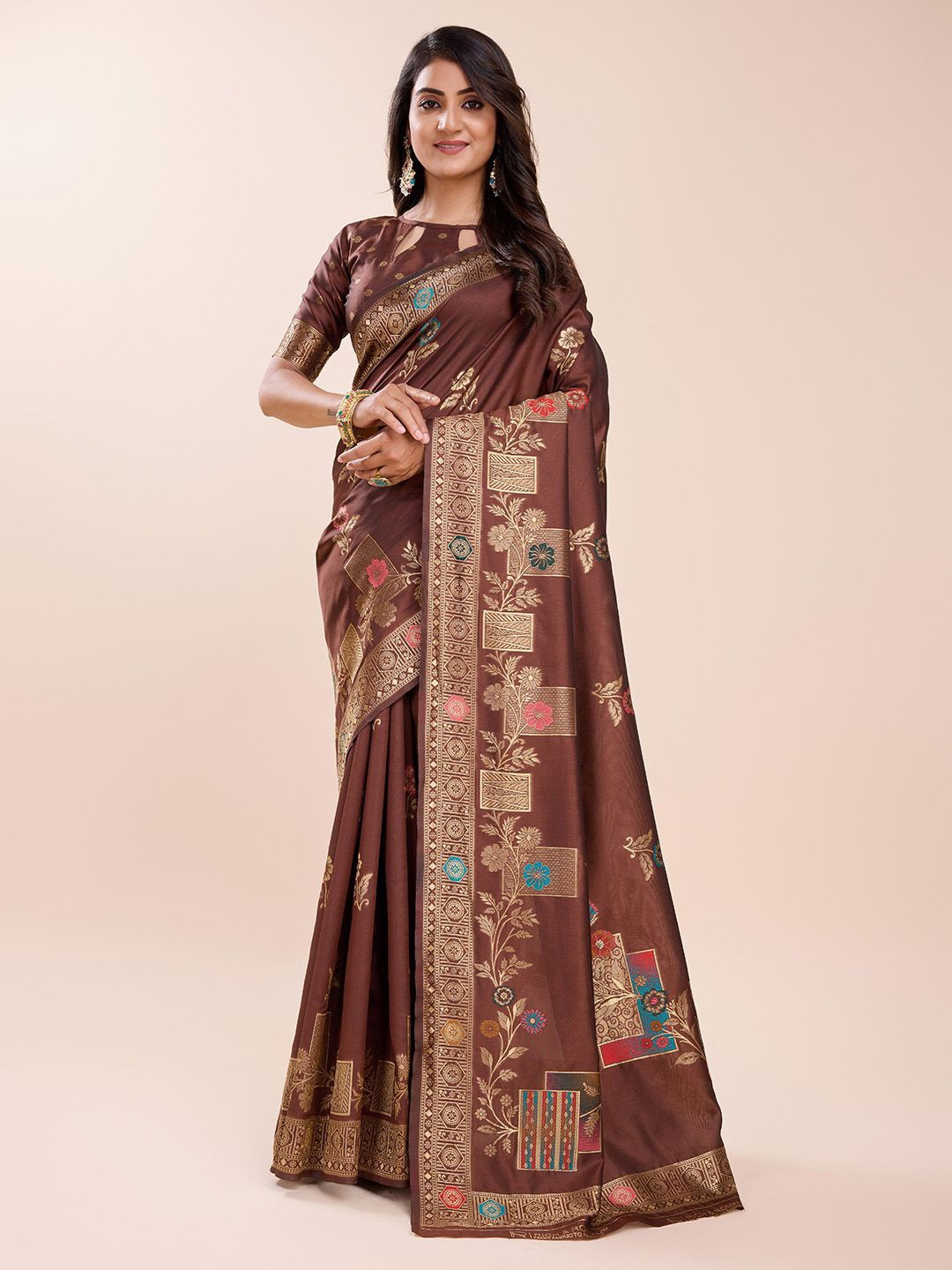 

RICH & ROMAN Ethnic Motifs Zari Pure Silk Banarasi Saree, Coffee brown