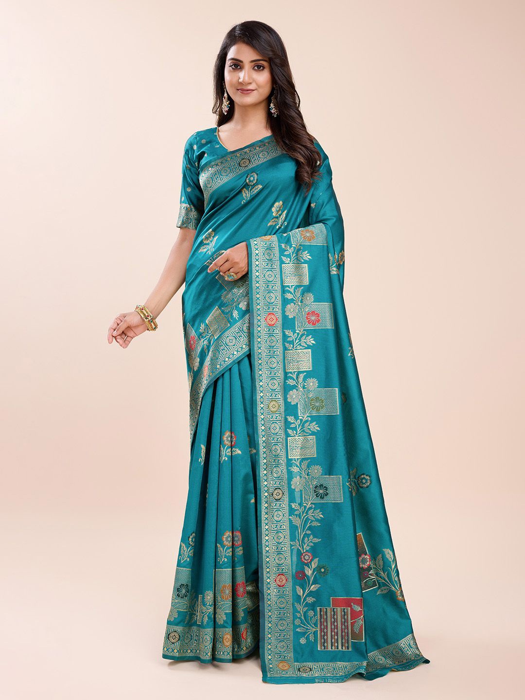 

RICH & ROMAN Ethnic Motifs Woven Design Zari Pure Silk Banarasi Saree, Teal