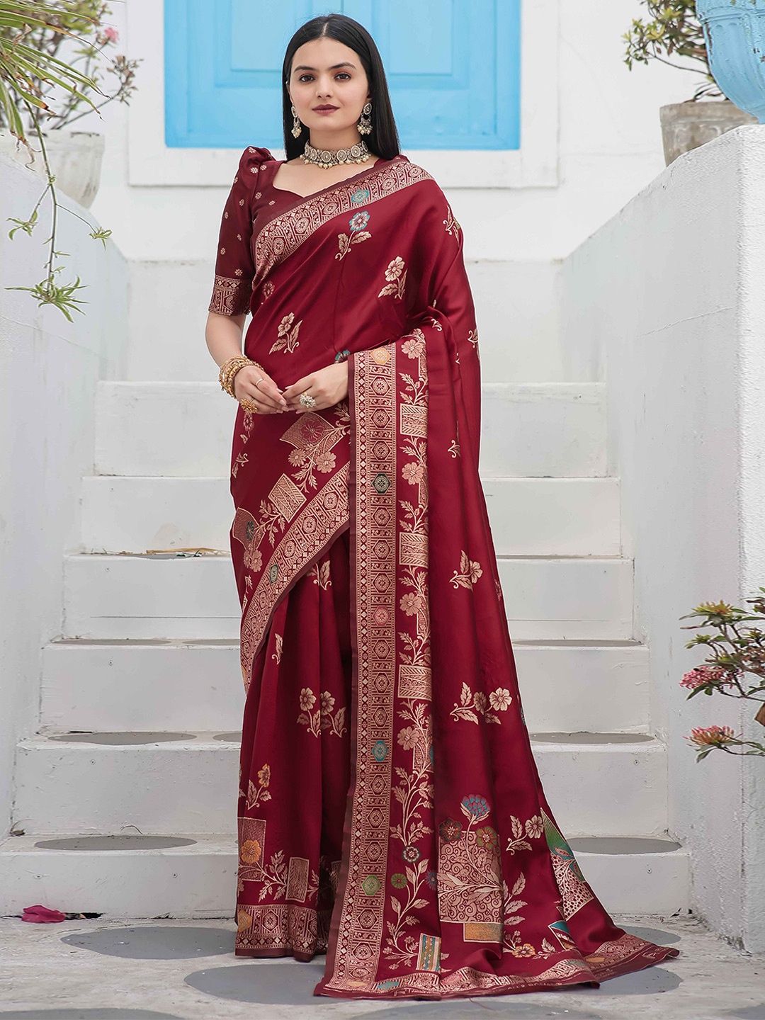 

RICH & ROMAN Ethnic Motifs Woven Design Zari Pure Silk Banarasi Saree, Maroon