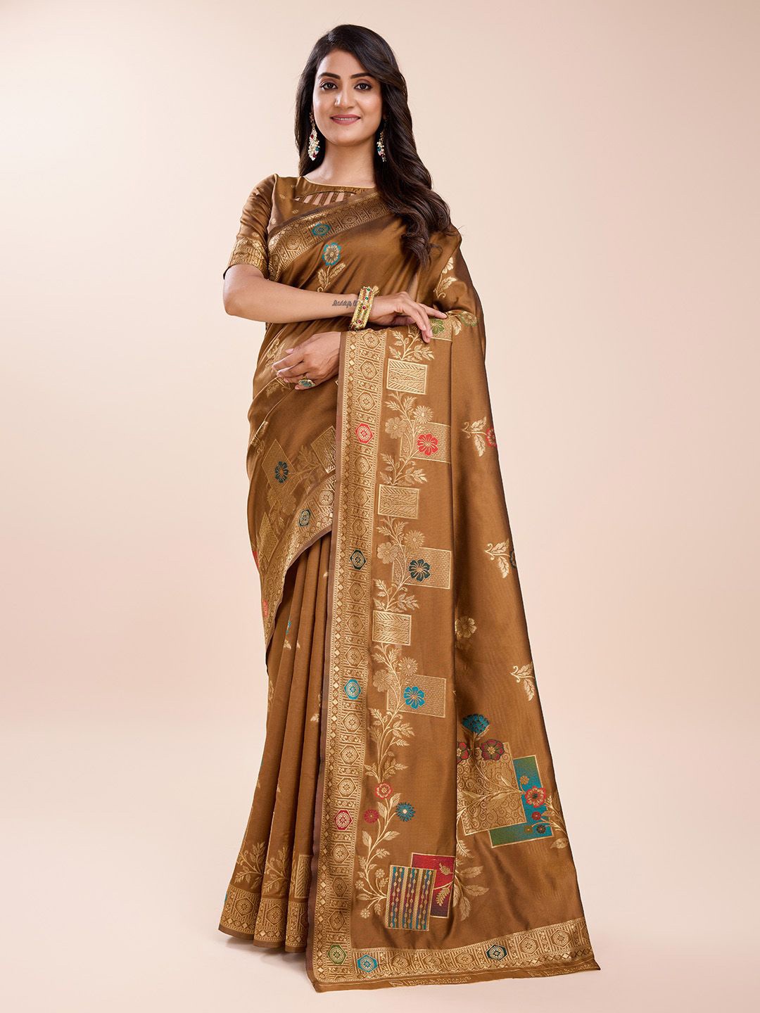 

RICH & ROMAN Ethnic Motifs Woven Design Zari Pure Silk Banarasi Saree, Mustard