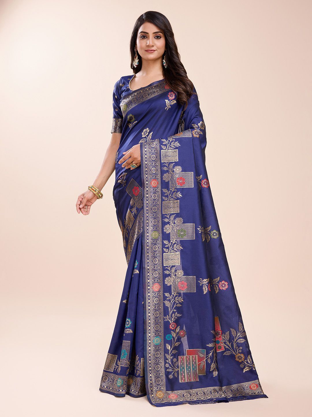 

RICH & ROMAN Ethnic Motifs Zari Pure Silk Banarasi Saree, Blue