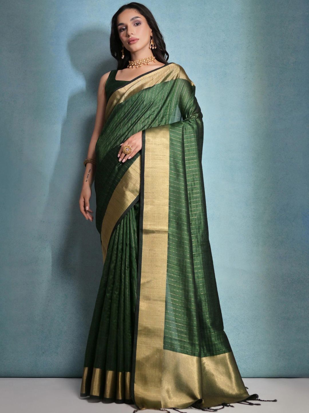 

Mitera Striped Woven Design Zari Saree, Green