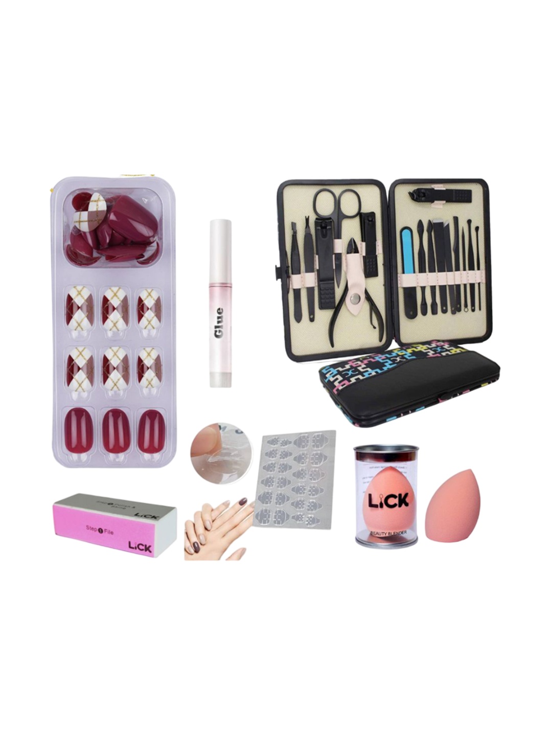 

LICK 30Pcs PressOn Nails Combo of BeautyBlender, Blockbuffer, Geltape, Glue, Mani/Pedi Kit, Pink