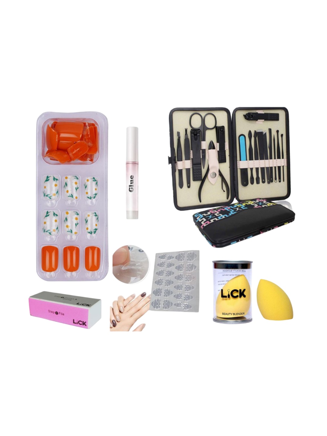 

LICK 30Pcs PressOn Nails Combo of BeautyBlender, Blockbuffer, Geltape, Glue, Mani/Pedi Kit, Orange