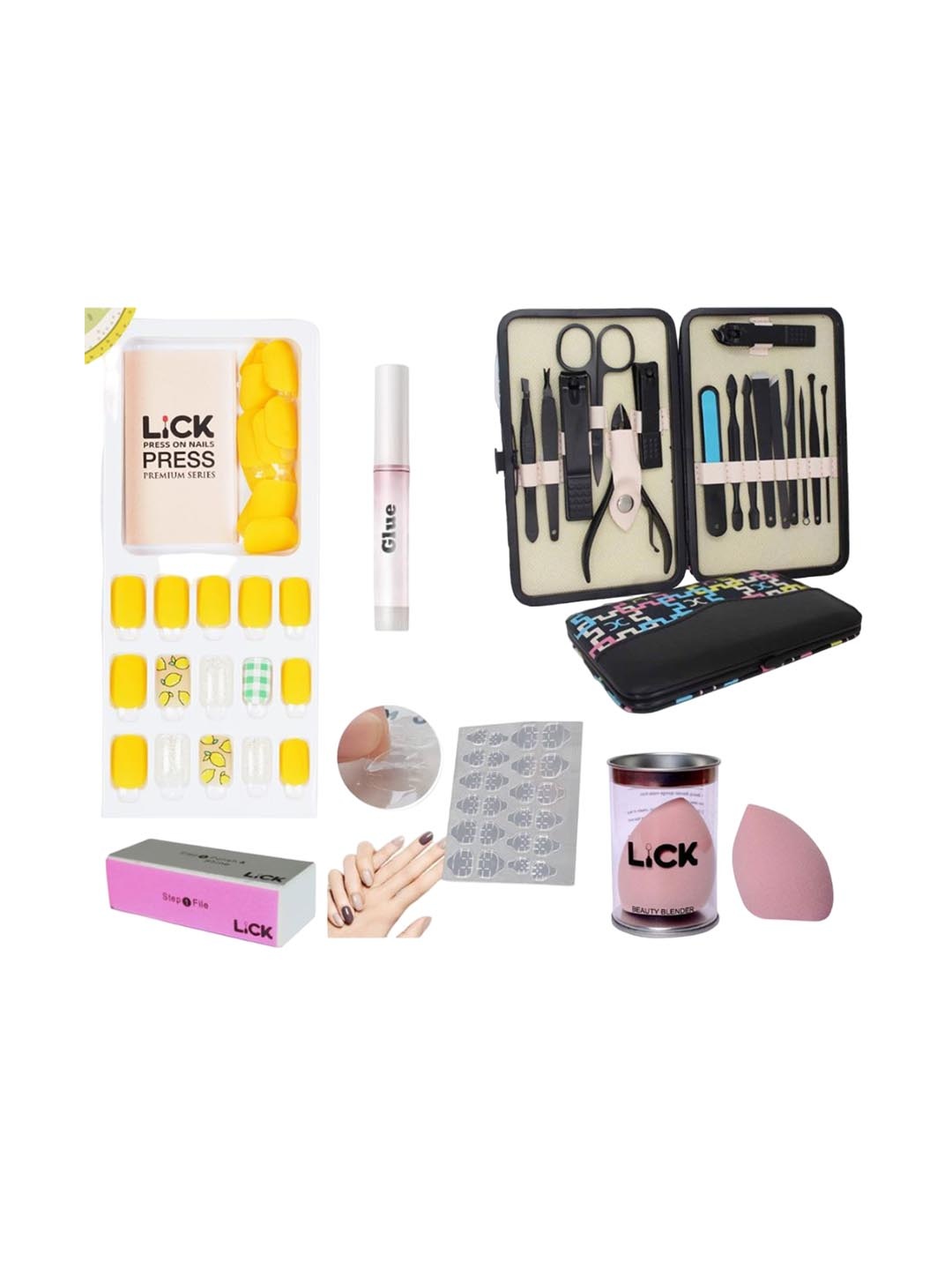 

LICK 30Pcs Press On Nails, Beauty Blender, Blockbuffer, Geltape, Glue, Mani/Pedi Kit, Yellow