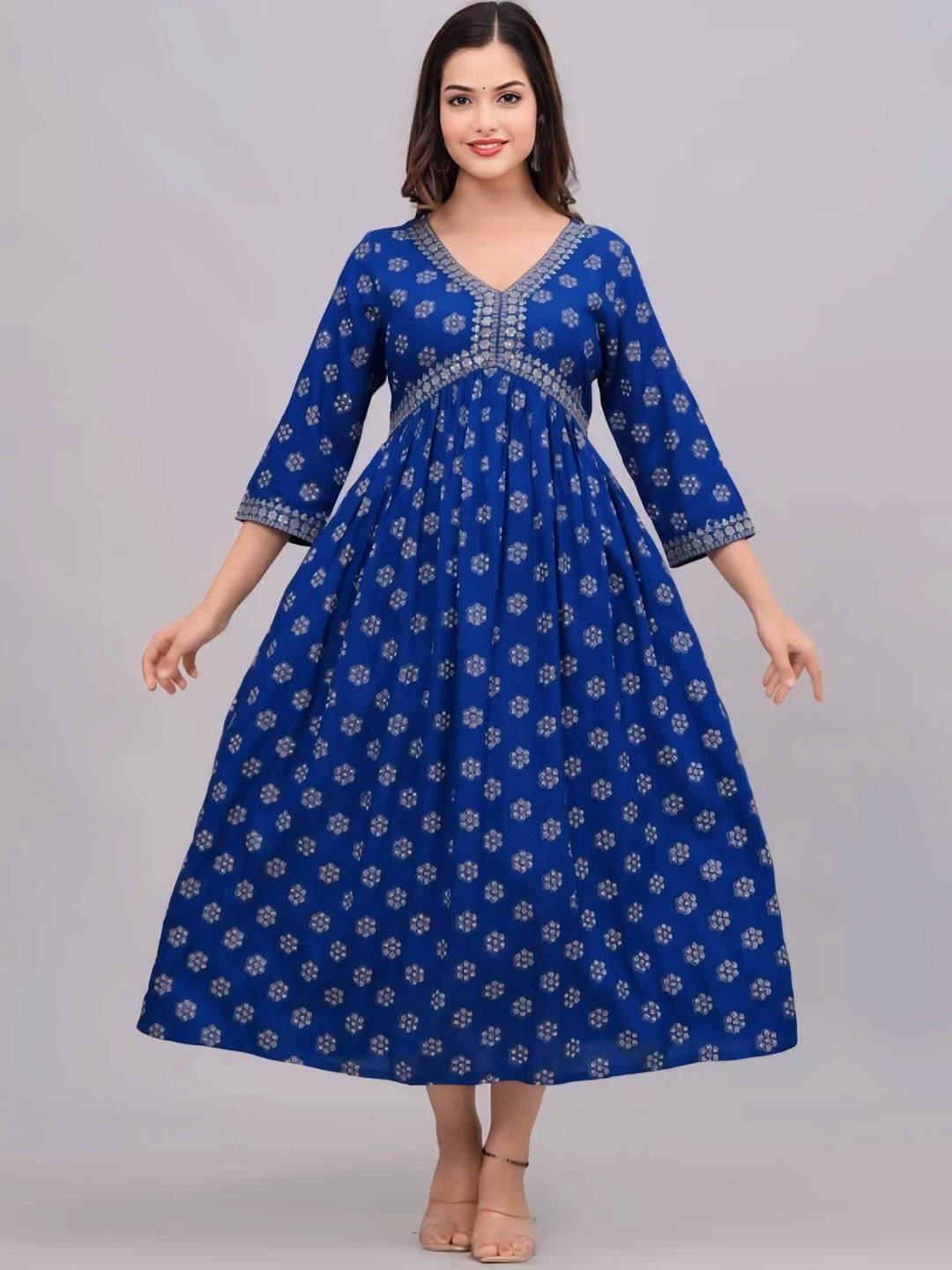 

VYKOO Ethnic Motifs Printed Sequinned Anarkali Kurtaa, Blue