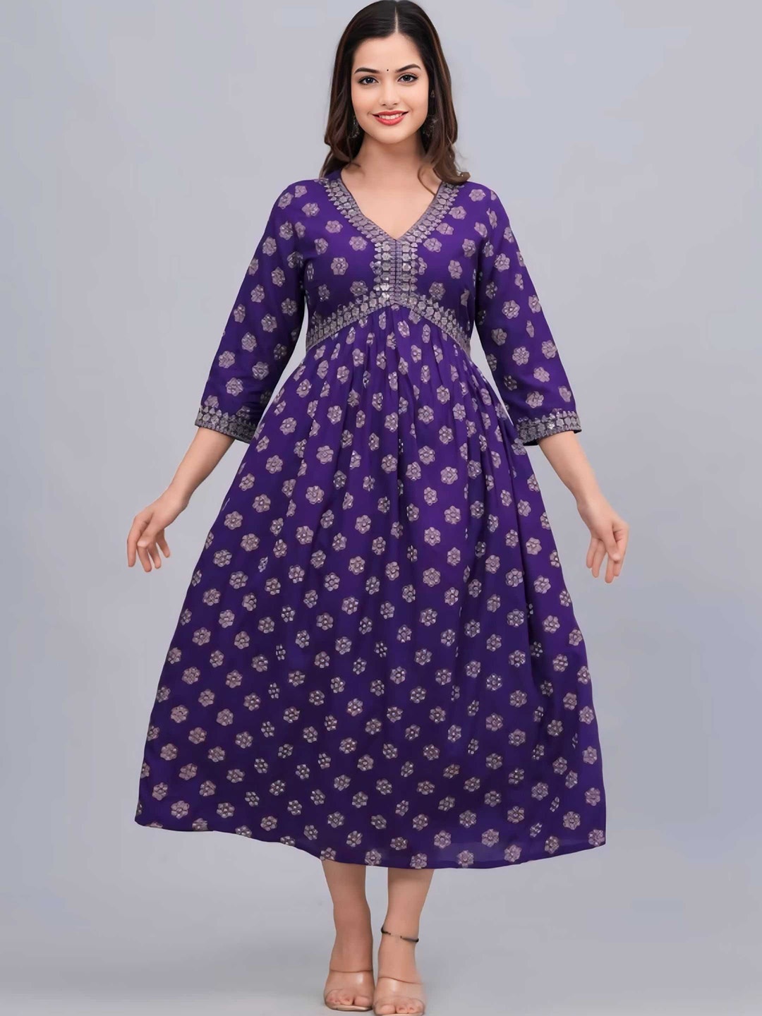 

VYKOO Ethnic Motifs Printed Sequinned Anarkali Kurta, Purple