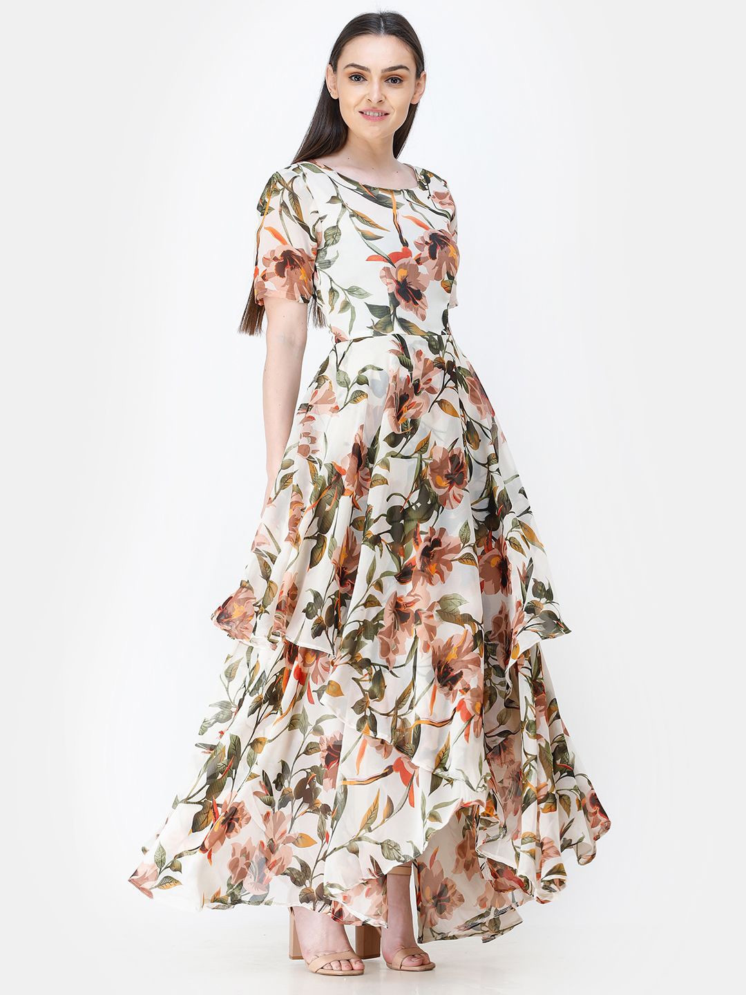

BAESD Floral Print Georgette Maxi Dress, Beige