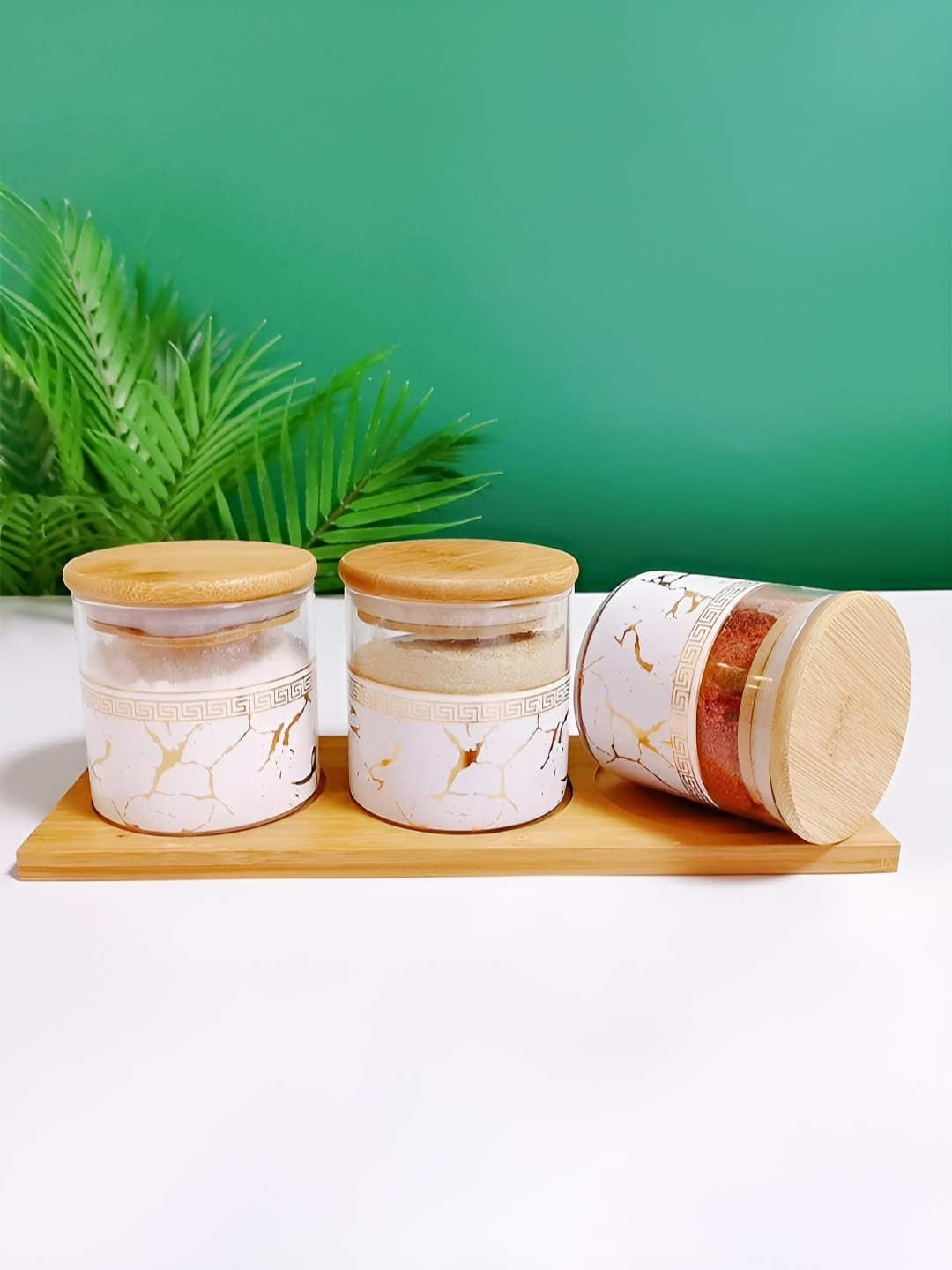 

Kuber Industries White & Beige 3 Pieces Ceramic Kitchen Storage Jars With Tray