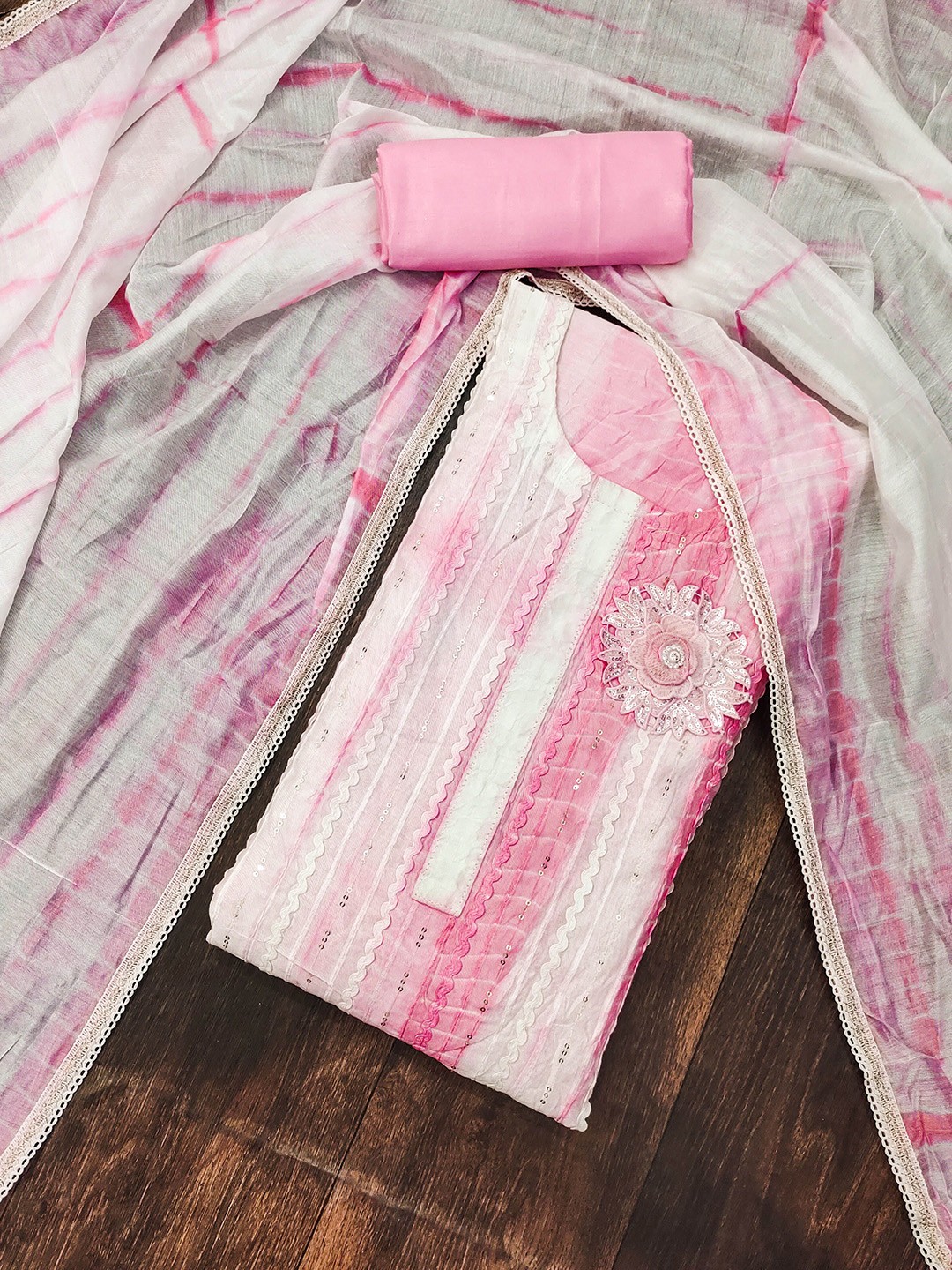 

KALINI Striped Embroidered Sequinned Tie and Dye Unstitched Dress Material, Pink