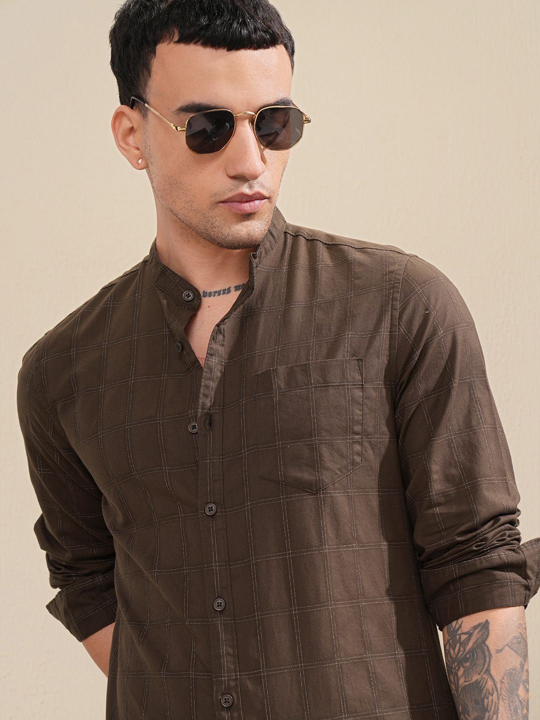 

HIGHLANDER Men Dobby Textured Checked Mandarin Collar Casual Shirt, Brown
