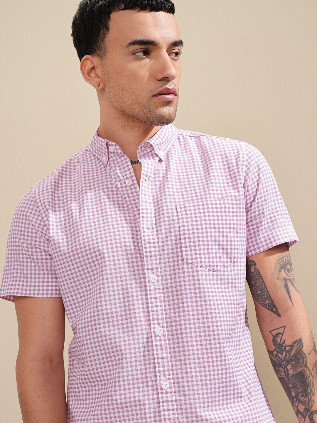 

HIGHLANDER Men Printed Checked Button Down Collar Casual Shirt, Purple