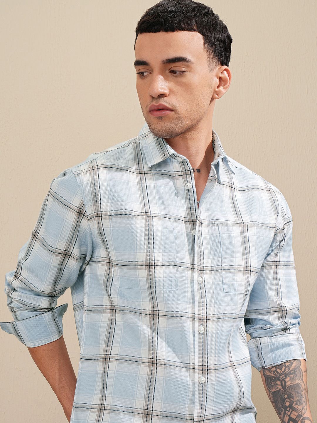 

HIGHLANDER Men Moklino Dobby Textured Checked Stylized Pocket Relaxed Shirt, Blue