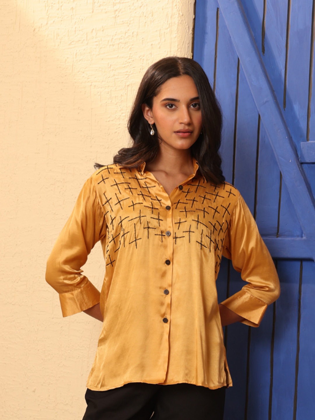 

SHIBUI Women Custom Opaque Striped Casual Shirt, Yellow