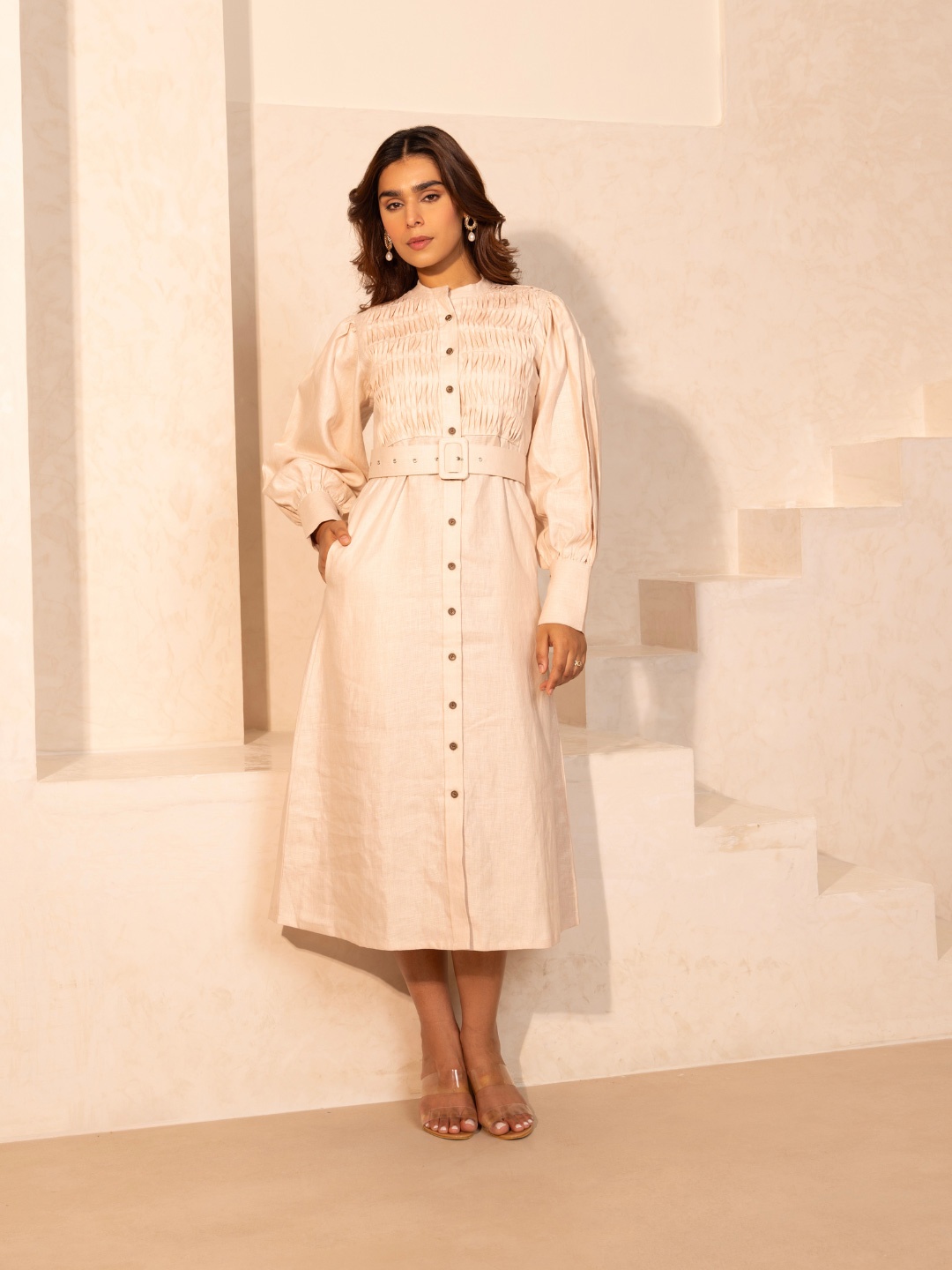 

SHIBUI Solid Self Design Cuffed Sleeves Dress, Beige
