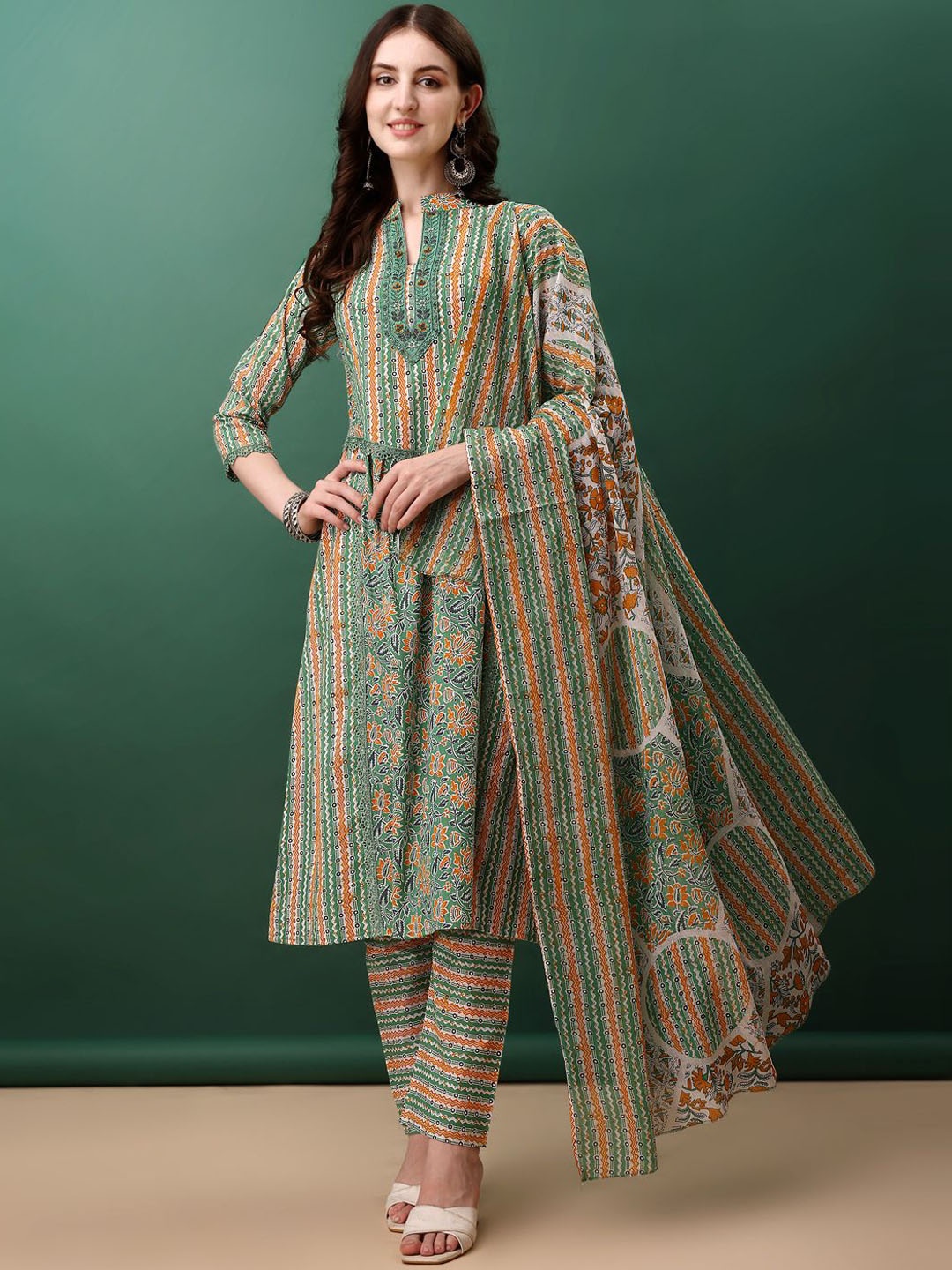 KALINI Floral Printed Thread Work A-Line Kurta With Trousers & Dupatta, Green