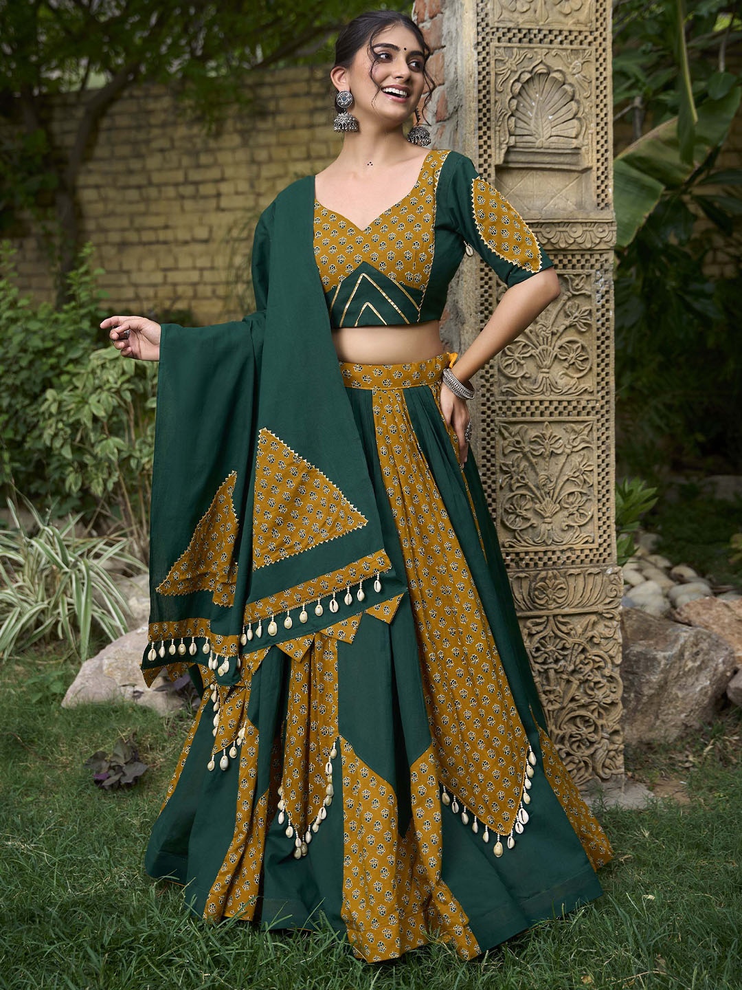 

LOOKNBOOK ART Embellished Thread Work Cotton Ready to Wear Lehenga & Blouse With Dupatta, Mustard