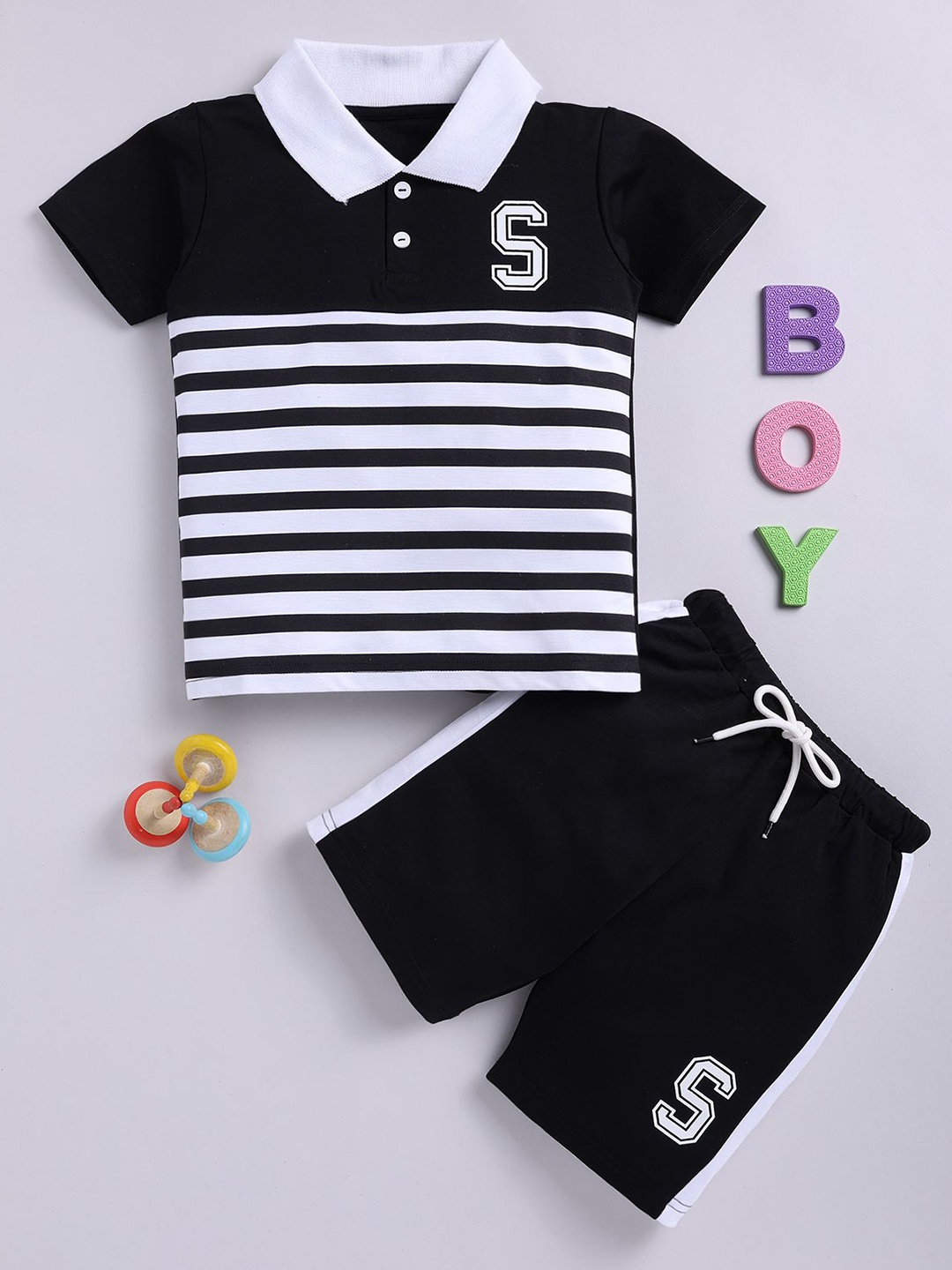 

BAESD Boys Striped Polo Collar Pure Cotton T-shirt With Short, Black