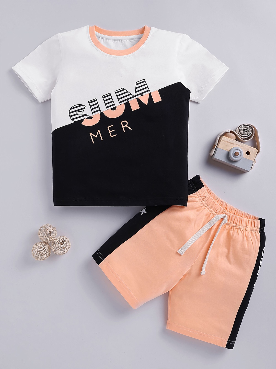 

BAESD Boys Typography Printed Pure Cotton T-shirt With Shorts, Peach
