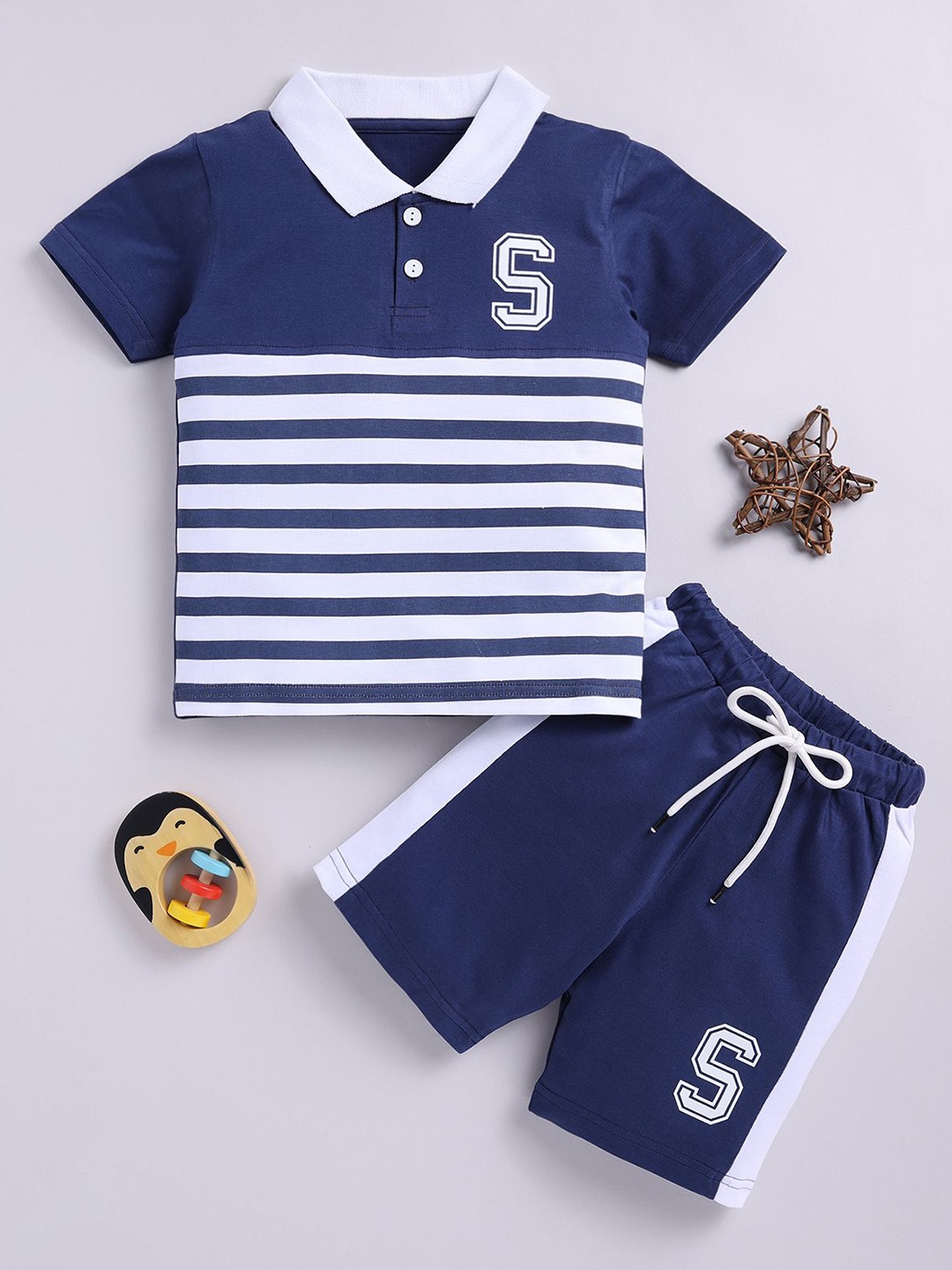 

BAESD Boys Polo Collar Striped Pure Cotton T-shirt With Shorts, Blue
