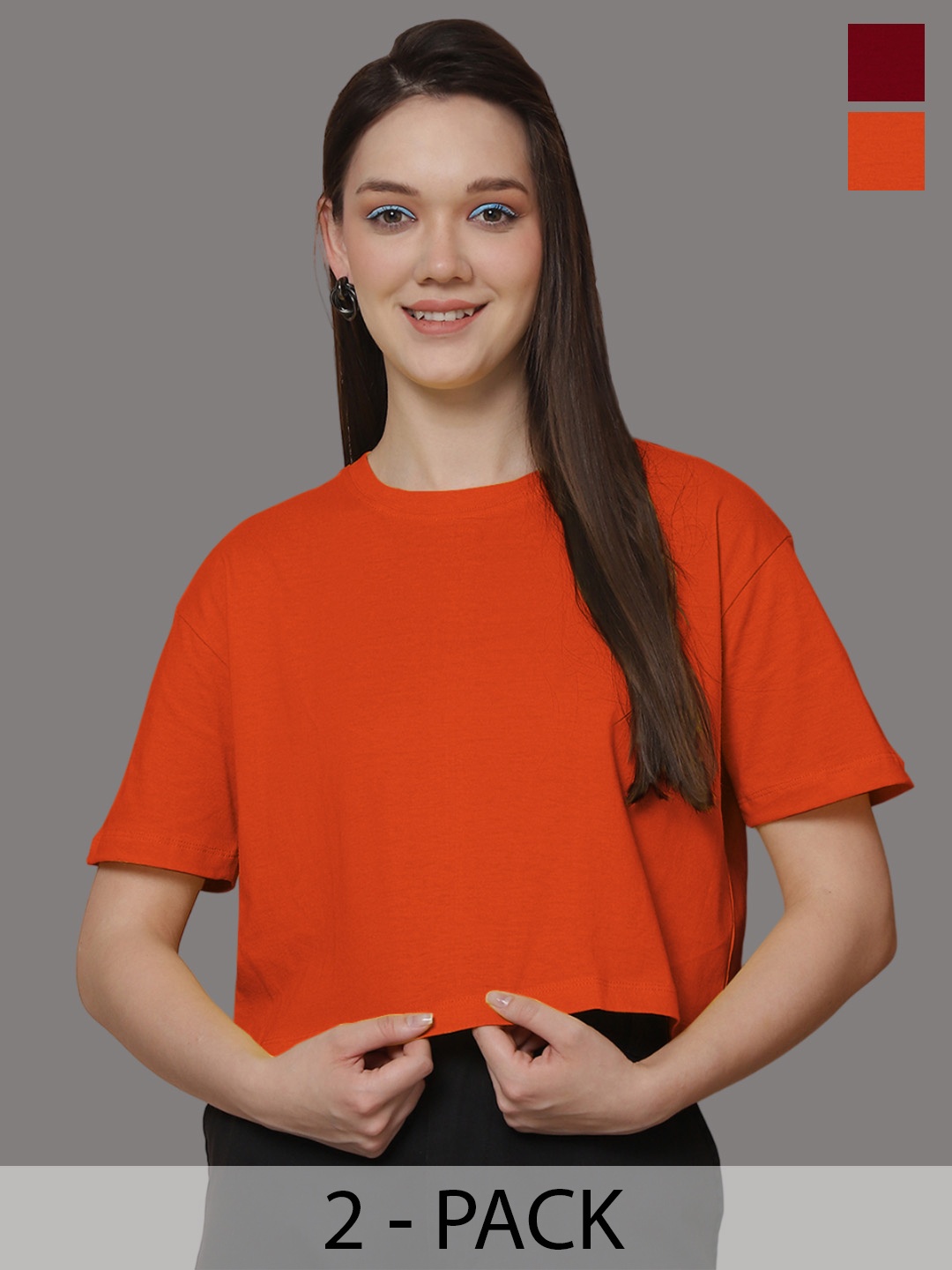 

Friskers Women Pack Of 2 Solid Round Neck Oversized T-shirts, Orange