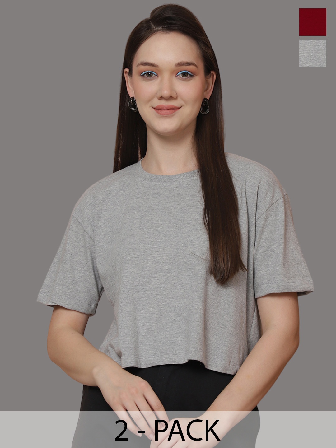 Friskers Women Pack Of 2 Solid Round Neck Oversized T-shirts, Grey